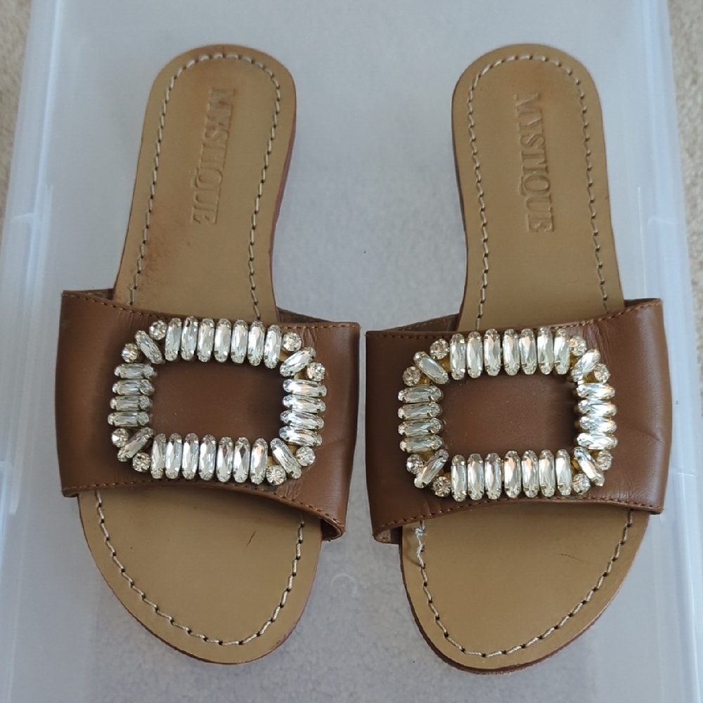 Mystique Boutique Rhinestone Buckle Slide Sandals Tan Brown Leather